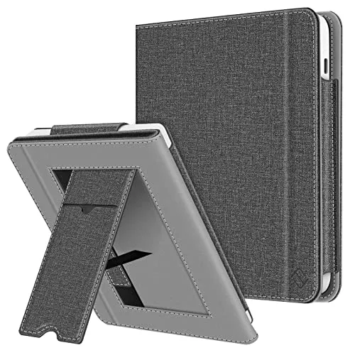 Fintie Hülle für Tolino Vision Color (2024)/Vision 6 (2021) & Kobo Libra Colour (2024)/Libra 2 (2021) 7 Zoll - Kickstand Hülle mit Kartenfach Handschlaufe und Auto Sleep/Wake, Jeansoptik dunkelgrau