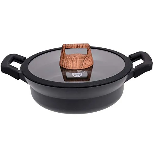 GRÄWE Servierpfanne Aluguss 28 cm - Fettarmes Braten leicht gemacht - Pfanne aus Aluguss mit GREBLON C3 Antihaft-Beschichtung, ideal für fettfreies Kochen. Hitzebeständig bis 380 Grad, geeignet für alle Herdarten inklusive Induktion.