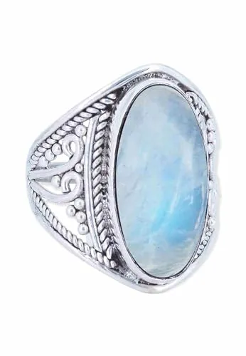 mantraroma Ring Damen Silber 925 Regenbogen Mondstein Edelstein weiß ausgefallen verspielt