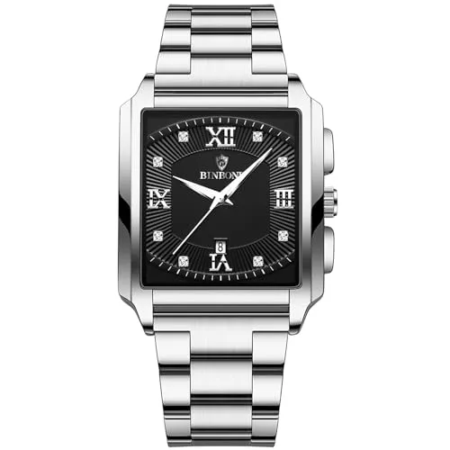 JewelryWe Paar Uhren Digitaluhr Edelstahl Binäre Uhr Rechteck Bezel LED Sportuhr Blau LED Licht Kalender Mode Cool Partner Armbanduhr für Herren Damen Schwarz/Silber