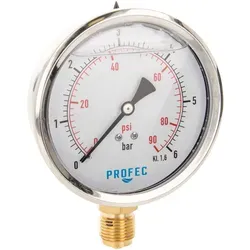 Profec Manometer 0 - 6 Bar, Glyzeringefüllt, Ø 100 mm - Hochwertiges Druckmanometer Ø 100 mm mit Glyzeringefüllung für präzise Messungen bis 6 bar. Robustes Gehäuse aus Edelstahl garantiert Langlebigkeit und Sicherheit in der Anwendung.