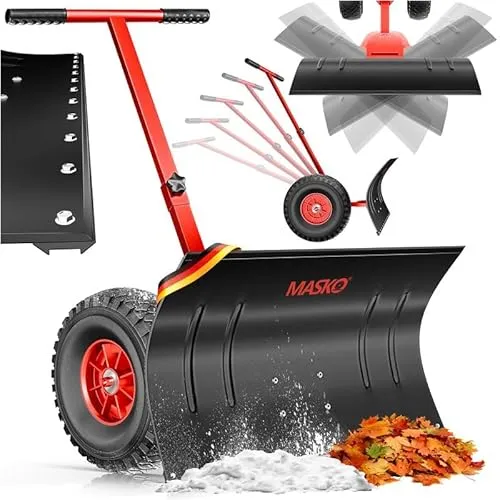 MASKO Schneeschaufel auf Rädern - höhenverstellbar, rückenschonend und platzsparend zusammenklappbar, 75 cm Arbeitsbreite für effizientes Schneeräumen