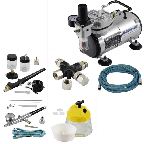 Agora-Tec® Airbrush Komplett-Set EXPERT VIII.1 - Komplett-Set für Airbrush-Anwendungen mit energiesparendem, ölfreiem Kompressor und zwei hochwertigen Airbrush-Pistolen. Ideal für Tattoos, Modellbau und mehr. Leise und mobil, perfekt für kreative Projekte!