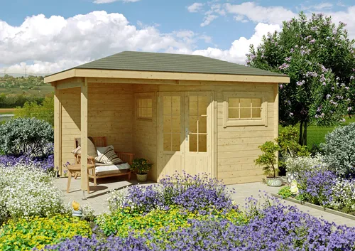 Fjordholz 5-Eck Gartenhaus Modell Evelyn 2B – Robust und Vielseitig - Massives 5-Eck Gartenhaus aus nordischer Fichte mit stabiler Dachkonstruktion, ideal für Gartenprojekte. Hochwertige Doppeltür und Fenster sorgen für Licht und Zugang.
