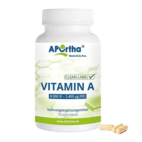 APOrtha® - Vitamin A 8.000 IE (2.400 µg) - 120 vegane Kapseln, hochdosiert und leicht zu schlucken, aus Retinylacetat, allergenfrei, vegan, glutenfrei