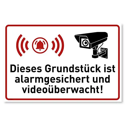 Achtung Videoüberwachung Schild (30x20 cm Kunststoff) - Warnschilder und Hinweisschilder - Grundstück ist Alarmgesichert und Videoüberwacht Schilder - 870198
