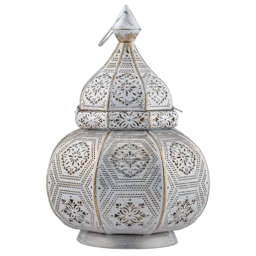 Marrakesch Nachttischlampe Mahana Weiss - Orientalische Laterne - Nachttischleuchten, handgefertigte Lampe mit orientalischem Design und flexibler Nutzung für Kerzen oder elektrische Leuchtmittel. Perfekt für eine gemütliche Atmosphäre in jedem Raum.