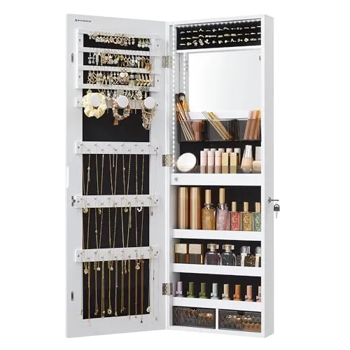 SONGMICS Schmuckschrank, Wandmontage, Organizer mit LED-Lichtern, Aufbewahrungsschrank, mit rahmenlosem Spiegel, integrierter Schminkspiegel, 2 Schubladen, abschließbar, Weiß JJC013W01