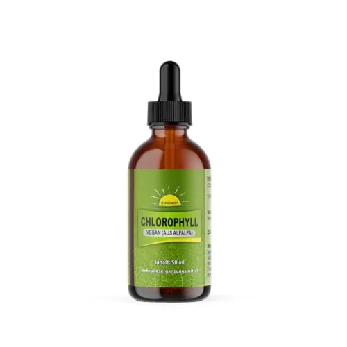 Chlorophyll Tropfen, vegan (aus Alfalfa), natürlich, ohne Zusatzstoffe, 50 ml, Braunglasfläschchen, mit Glaspipette, Bonemis®
