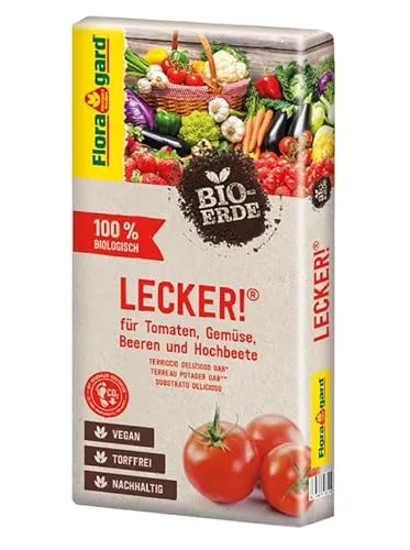 Floragard Bio-Erde Lecker 40 L – torffreie, vegane Bio-Gemüseerde für Hochbeete, Tomaten, Chili, Gurken, Beeren, Kräuter & Zucchini – nährstoffreiche Struktur für kräftiges Wachstum & hohen Ertrag