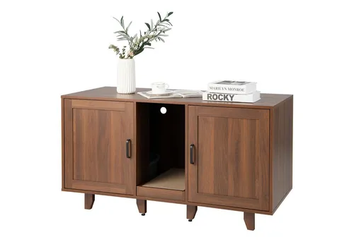 COSTWAY Katzenschrank 3-in-1 für Katzenklo mit Eingang & Tür - Braun - Multifunktionales Katzenmöbel für Katzentoilette, TV-Ständer oder Beistelltisch. Bietet Privatsphäre für Ihre Katzen und schützt vor Schmutz. Mit stabilem Design und viel Stauraum für Katzenzubehör.