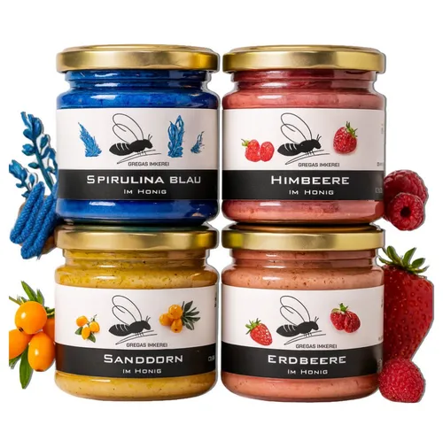 Gregas Imkerei 4er Box – Exquisite Honigaufstriche mit Früchten - Entdecken Sie ein variantenreiches Probier- & Geschenkset mit vier handgemachten Honigaufstrichen. Ideal für Frühstück oder zum Verfeinern von Speisen – natürliche Zutaten für puren Genuss!