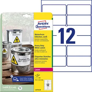Avery Zweckform L4776-20 Folienetiketten, 240 Stück - Folienetiketten für Kopierer und Drucker, wetterfest und reißfest. Ideal für dauerhaft haftende Beschriftungen mit umweltfreundlicher, PVC-freier Herstellung.