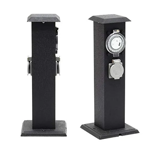 2-fach Außensteckdose Steckdosensäule - Robuste Energiesäule für Garten - Steckdosen & Zubehör - Wetterfest nach IP44 mit mechanischer Zeitschaltuhr, ideal für Gartenbeleuchtung und elektrische Geräte.