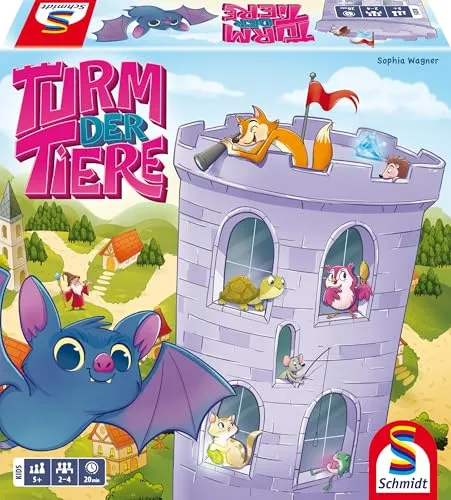 Schmidt Spiele Turm der Tiere 40666 - Kinderspiel - Memo-basiertes Suchspiel mit attraktivem 3D-Aufbau für 2-4 Spieler, ideal für Kinder ab 5 Jahren. Helft den Tieren im verzauberten Turm und sammelt Edelsteine!