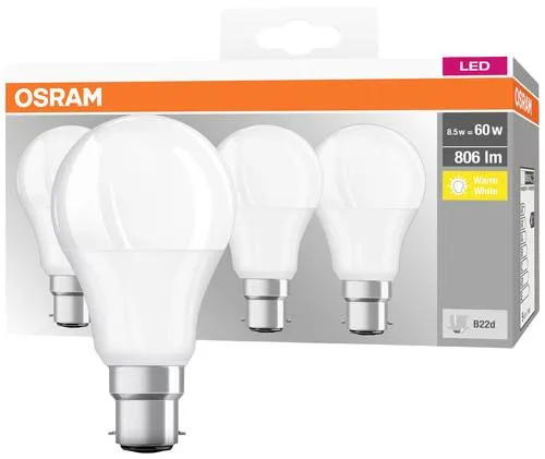 OSRAM HOMELIGHTING 4058075819511 LED EEK F (A - G) B22d Glühlampenform 8.5W = 60W Warmweiß (Ø x L) 60mm x 107mm 4St.