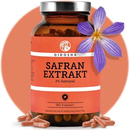 QIDOSHA® Premium Safran Extrakt 180 Kapseln im Apothekerglas - Hochwertiger Safran-Extrakt mit 30 mg pro Kapsel, geprüft auf Wirkstoffgehalt. Praktische 6-Monats-Versorgung in lichtgeschütztem Braunglas, ohne Plastikverpackung.