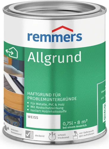 Remmers Allgrund Weiß 0,75 Liter - Haftgrund für Metall und Holz - Grundierung mit exzellenter Haftung auf Stahl, Aluminium und Holz. Schützt vor Korrosion und gelblichen Verfärbungen bei hellen Deckanstrichen. Ideal für innen und außen.