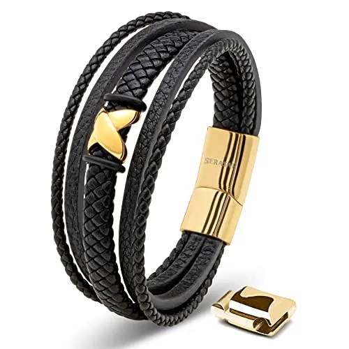 SERASAR Lederarmband Herren 23cm Gold - Armbänder für Herren, elegantes geflochtenes Echtlederarmband mit starkem Magnet-Verschluss und Geschenkbox – das perfekte Accessoire für jeden Anlass!