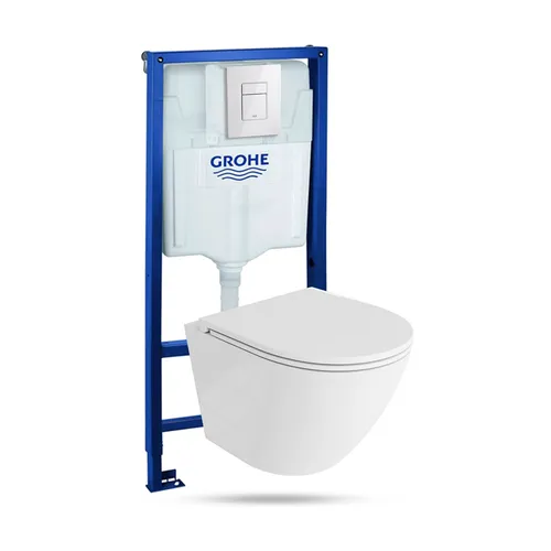 Lavita Vorwandelement Solido + Wand Hänge WC Sofi One Weiß Spülrandlos + WC Sitz mit Absenkautomatik Glänzend Weiß Knopf Komplettset Unterputz Spülkasten Toilette Komplett Sett WC