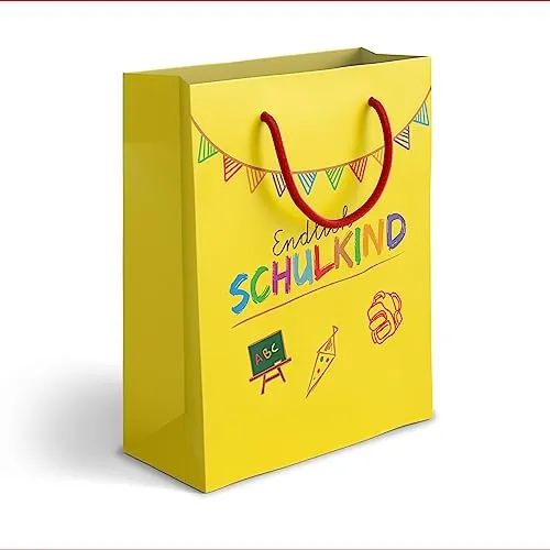 itenga Geschenktüte Geschenktragetasche 18 x 22,5 x 8 cm - Einschulung Geschenkverpackung Papiertragetasche Endlich Schulkind Schulanfang (gelb)