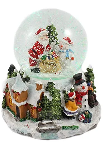 Schneekugel/Spieluhr mit Weihnachtsmann, Tannebaum und Schneemann 100mm, weihnachtlicher Sockel, Licht, Schneeantrieb, 15cm