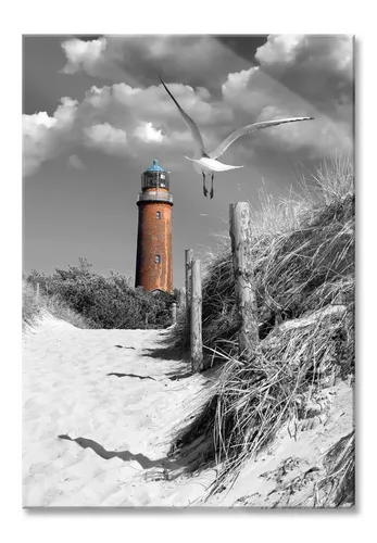 Pixxprint Glasbild Leuchtturm mit Möwe an Strandweg, Leuchtturm mit Möwe an Strandweg (1 St), Glasbild aus Echtglas, inkl. Aufhängungen und Abstandshalter