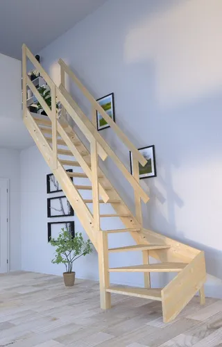 Starwood Holztreppe Korfu ¼ gewendelter Ausführung - Massivholztreppe für individuelle Gestaltung bis 300 cm Geschosshöhe. Robust und vielseitig einsetzbar mit verschiedenen Geländeroptionen für optimale Sicherheit und Stil.