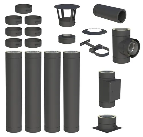 Edelstahlschornstein Komplettset 4,8 m Ø 130 mm doppelwandig DW-Black - Komplettset für Edelstahlschornstein mit 4,8 m Länge und Ø 130 mm für einfache Bodenmontage. Inklusive Putztür und T-Stück, ideal für Öl-, Gas- und Holzfeuerstätten. Hohe Qualität mit 0,5 mm Edelstahl und 25 mm Dämmung.