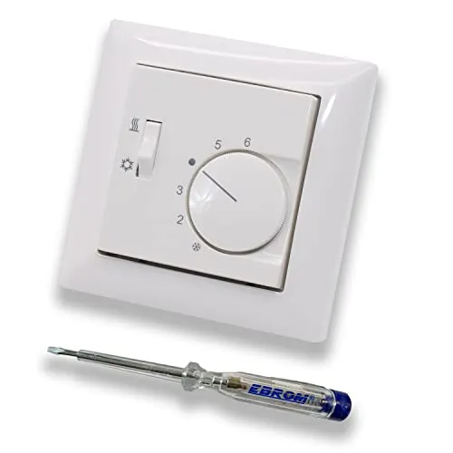 Halmburger Raumthermostat Raumtemperaturregler RTR-5523rg mit Umschalter Heizen oder Kühlen in Busch Jäger Balance SI alpinweiß im Rahmen + EBROM Phasenprüfer zur Montage des Geräts RTR-5523 (rg)