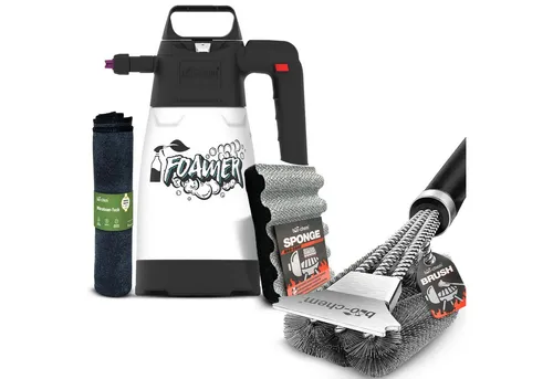 bio-chem Grillbürste Grillzubehör Reinigungsset 4-teilig – Komplett-Set für Grillpflege, Gasgrill, Grillrost, Holzkohlegrill, Kugelgrill, (Einzelprodukt, 5-tlg., 1x Schaumsprüher, 1x Grillbürste, 1x Schwamm, 1x Tuch), 3-facher Bürstenkopf & ergonomischer Griff