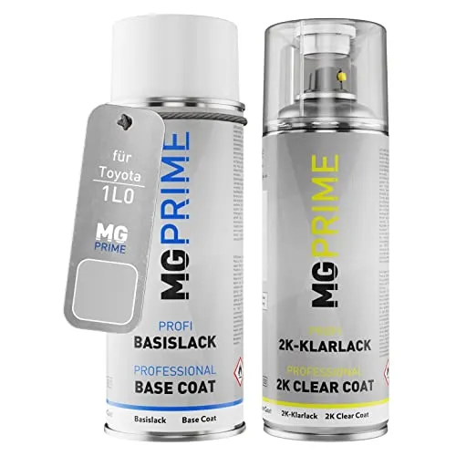 MG PRIME Autolack 2K Spraydosen Set für Toyota 1L0 Stunning Silver Metallic/Shimmering Silber Metallic Basislack 2 Komponenten Klarlack Sprühdose