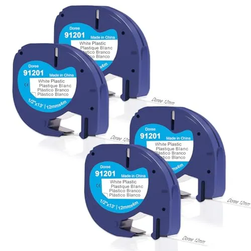 DOREE 4er Pack Kompatibles Letratag 91221/S0721660/91201,12 mm x 4 m, Schwarz auf Weiß,Hochgradig wasserfestes kunststoff Letratag band,Kompatibel mit Dymo Letratag LT-100H LT-100T XR 200B