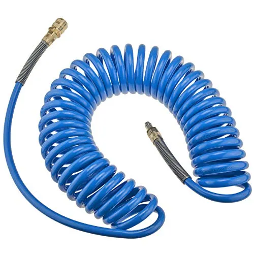 RQS Druckluft Spiralschlauch PU 9m, 8x12 mm, 2 mm Wandstärke, 1 bar Max. Druck, für industrielle und Werkstattanwendungen, 1 Stück, Blau
