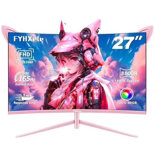 FYHXele Pink Monitor 27 Zoll gebogener Gaming-Monitor 165Hz - unterstützt 144Hz 1800R 1ms 1920 x 1080P VA-Bildschirm, integrierte Lautsprecher, AMD Free-Sync, HDMI, DP, USB, AUX