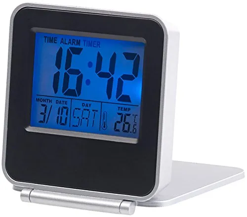 PEARL Digitalwecker: Kompakter Reisewecker mit Thermometer und Timer - Praktischer Wecker mit Schlummer-Funktion und integriertem Thermometer. Ideal für Reisen, mit beleuchtetem Display und Geburtstags-Erinnerung. Klein und klappbar.