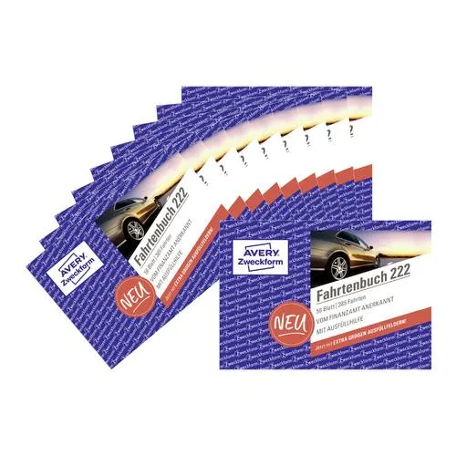 Avery-Zweckform 222-10 DIN A6 Fahrtenbuch 10St. - Fahrtenbuch für Dienstfahrten im handlichen DIN A6 Querformat, mit extra großen Ausfüllfeldern für präzise Eintragungen und steuerliche Nachweise. Ideal für Deutschland und Österreich, 10 Stück in einer Großpackung.