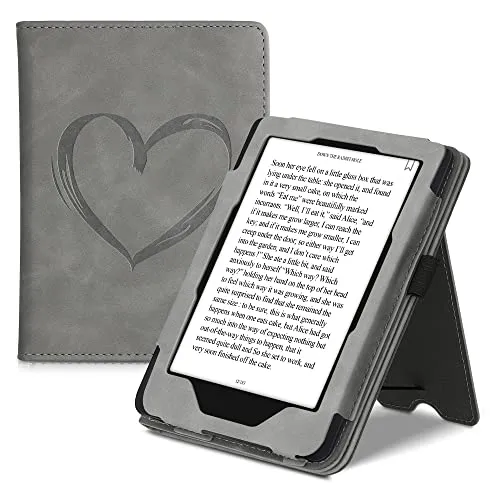 kwmobile Schutzhülle kompatibel mit Tolino Shine 3 Flip Hülle - Cover mit Handschlaufe - Herz Brush Grau
