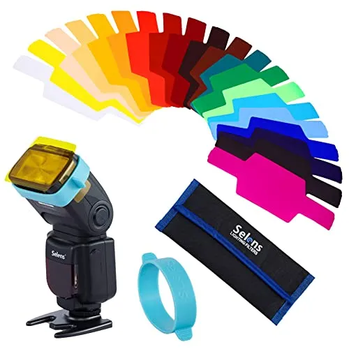 Selens 20 Stück Universal Beleuchtungs Blitz Gelfilter Set mit 1 Pcs Gelband und Tasche, Speedlite Farbfolien Gele für Kamera Blitzgerät Fotografie Foto Camera Flash Gels Filter Kit