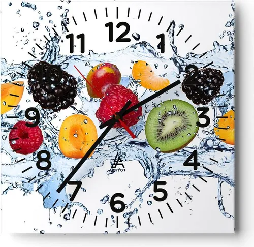 Wanduhr - Quadrat - Glasuhr - Wasser Früchte frisch Essen - 30x30cm - Schleichendes Uhrwerk - Lautlos - zum Aufhängen bereit - Dekoration Modern - Wanddekoration aus Glas - C4AC30x30-2675