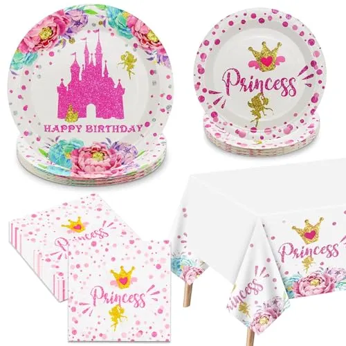 Prinzessin Party Dekoration - Schloss Dekoration mit Rosa Papptellern, Servietten und Tischdecke für Prinzessin Baby Dusche und Geburtstag Zubehör, serviert 20