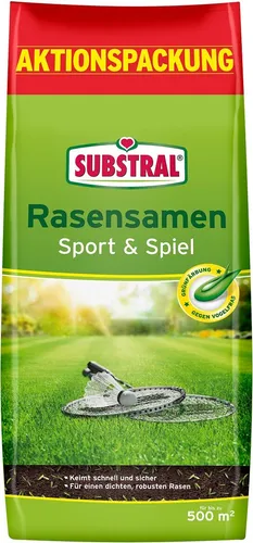 Substral Rasensamen Sport und Spiel 10kg - Strapazierfähige Rasensaat-Mischung mit besonderer Grünfärbung gegen Vogelfraß, ideal für belastbare Sport- und Spielflächen, die auch bei niedrigen Temperaturen schnell keimt.