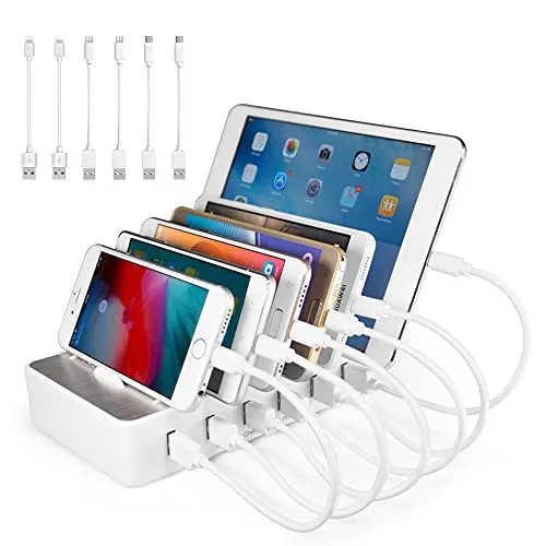 Handy USB Ladestation TechDot Ladestation Mehrere Geräte 6 Port USB Multi für Handys Smartphones Tablets (mit 6 Kurze Kabel, Weiß)