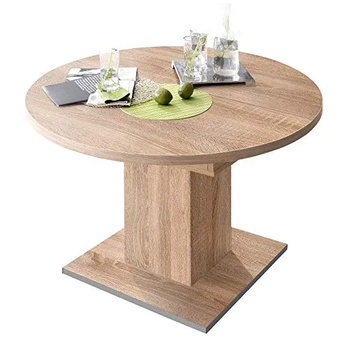 Runder ausziehbarer Esstisch Eiche sägerau 104 cm - Sale - Esstisch aus E1 Spanplatten, ausziehbar von 104 cm auf 144 cm, ideal für gesellige Runden und Platzersparnis.