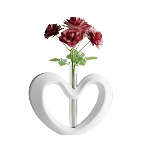 Shapes - Decorations Herz Vase Modern, Recycelter Kunststoff, Minimalistische Tischvase mit Glasröhrchen für Einzelblume, Matt Finish, 18 x 13 cm, Wasserdicht, Valentinstag (Weiß)