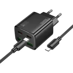 Hoco Ladegerät 30W USB-C + USB-A Netzteil | Schnellladegerät PD QC 3.0 | Handy Ladegerät schwarz für iPhone & Samsung Smartphone Ladeadapter in... - Schwarz