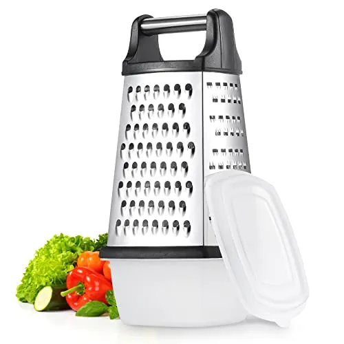 TELANKS Vierkantreibe Edelstahl, Grater Kitchen, 4-seitige Reibe mit Behälter, Reibe für Gemüse, Käsereibe, Küchenreibe, 4 unentbehrliche Küchenfunktionen für Grobes, Mittleres, Feines und Hobeln