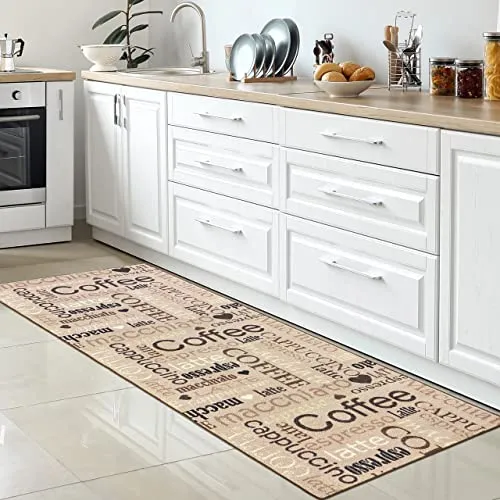 CARPETIA Küchenteppich mit Kaffeedesign – Rutschfester und Waschbarer Teppichläufer in Beige