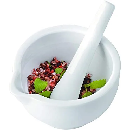 GEFU Mörser MACINO, 2-tlg Set aus Porzellan, Ø 13 cm, inkl. Stößel | Gewürzmörser mit Ausgießnase und rauer Mahlfläche, ideal für Pesto und Kräuterpasten, effizientes Mahlergebnis