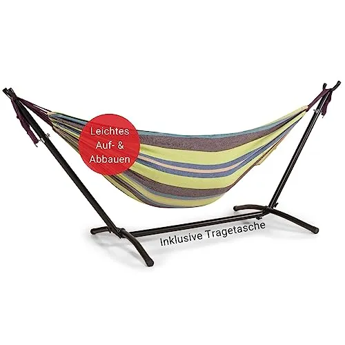 WOMA Hängematte für 2 Personen mit Gestell in Grün Rot - Wetterfeste Doppelhängematte für bis zu 180 kg, ideal für Balkon & Garten. Extra große Liegefläche für gemütliche Stunden zu zweit und einfacher Aufbau.